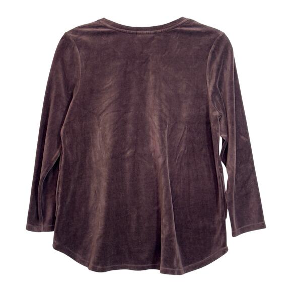 Chocolate Brown Velour Pullover Top XL V Neck Relaxed Fit - Picture 3 of 12